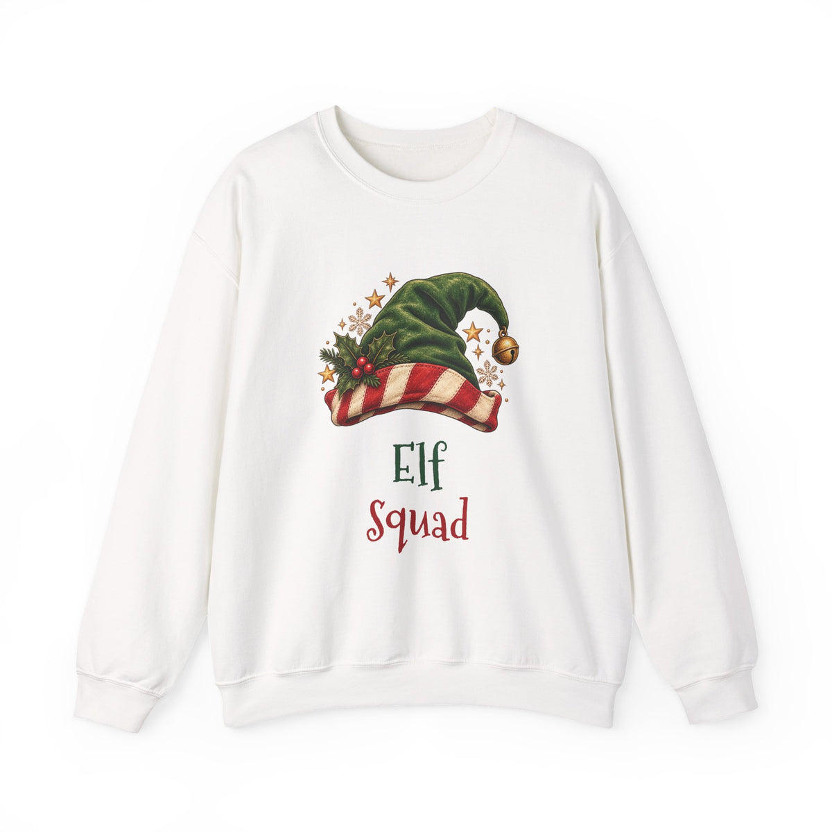 White Elf Squad sweatshirt with a green elf hat and holly, front view