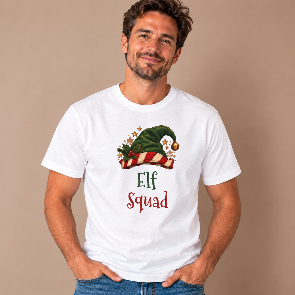Man wearing the White Elf Squad T-Shirt with jeans