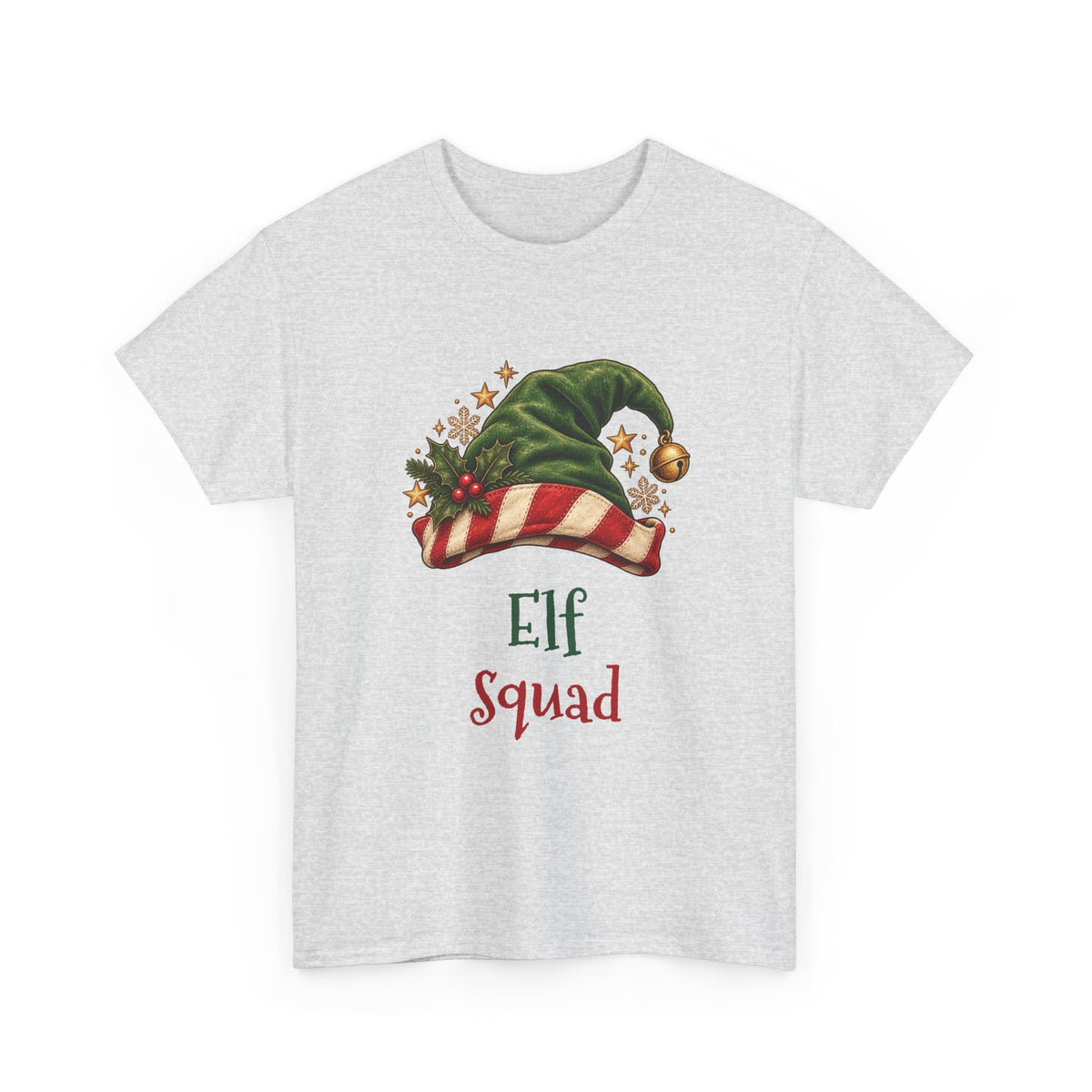Ash Elf Squad t-shirt with a green elf hat and holly, front view