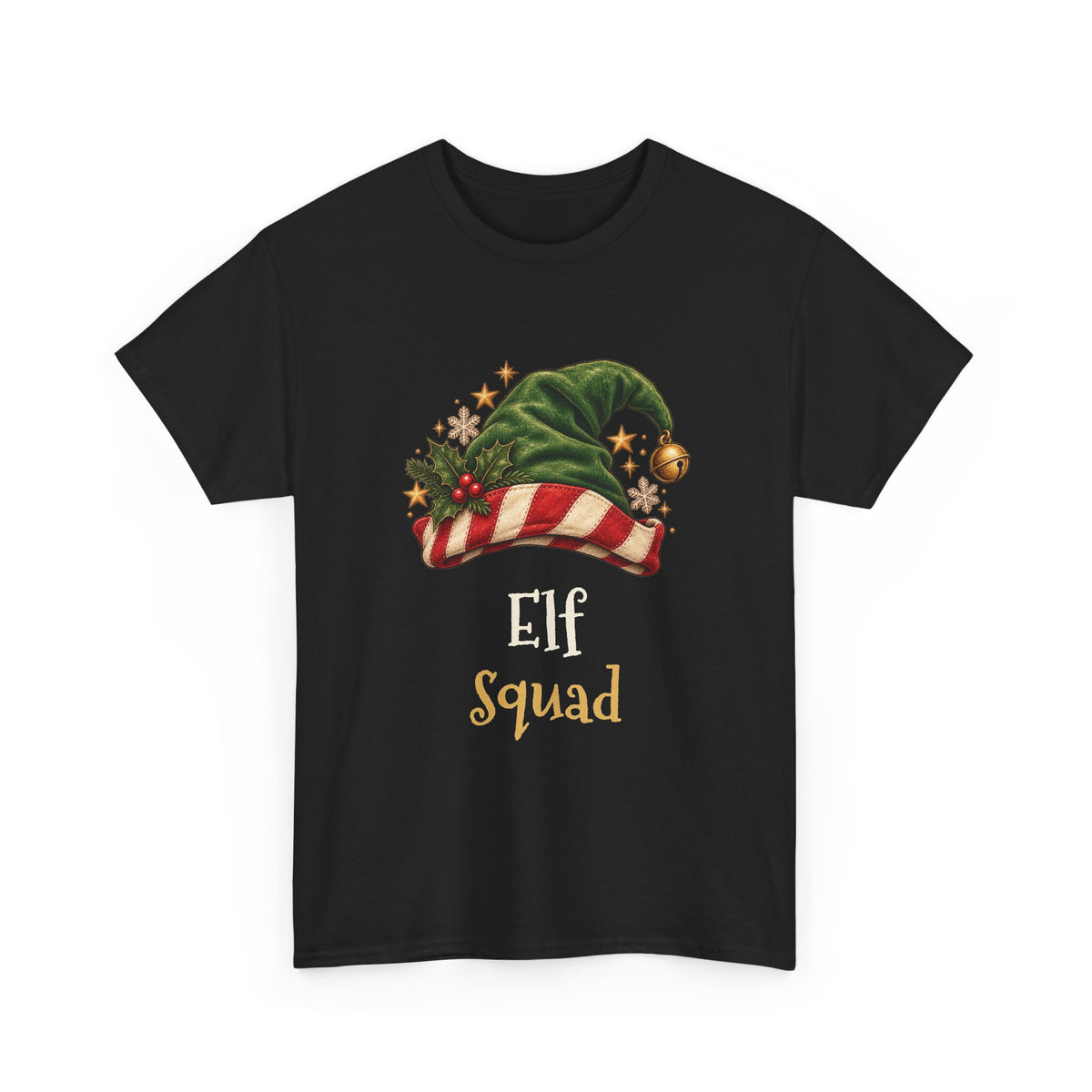 Black Elf Squad t-shirt with a green elf hat and holly, front view