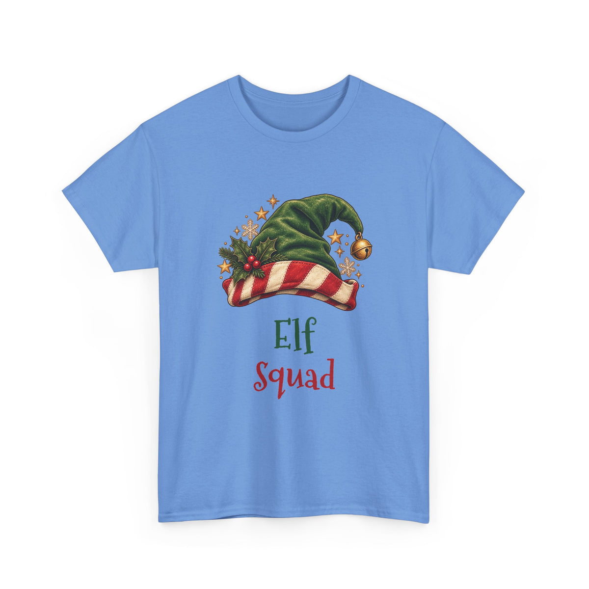 Carolina Blue Elf Squad t-shirt with a green elf hat and holly, front view