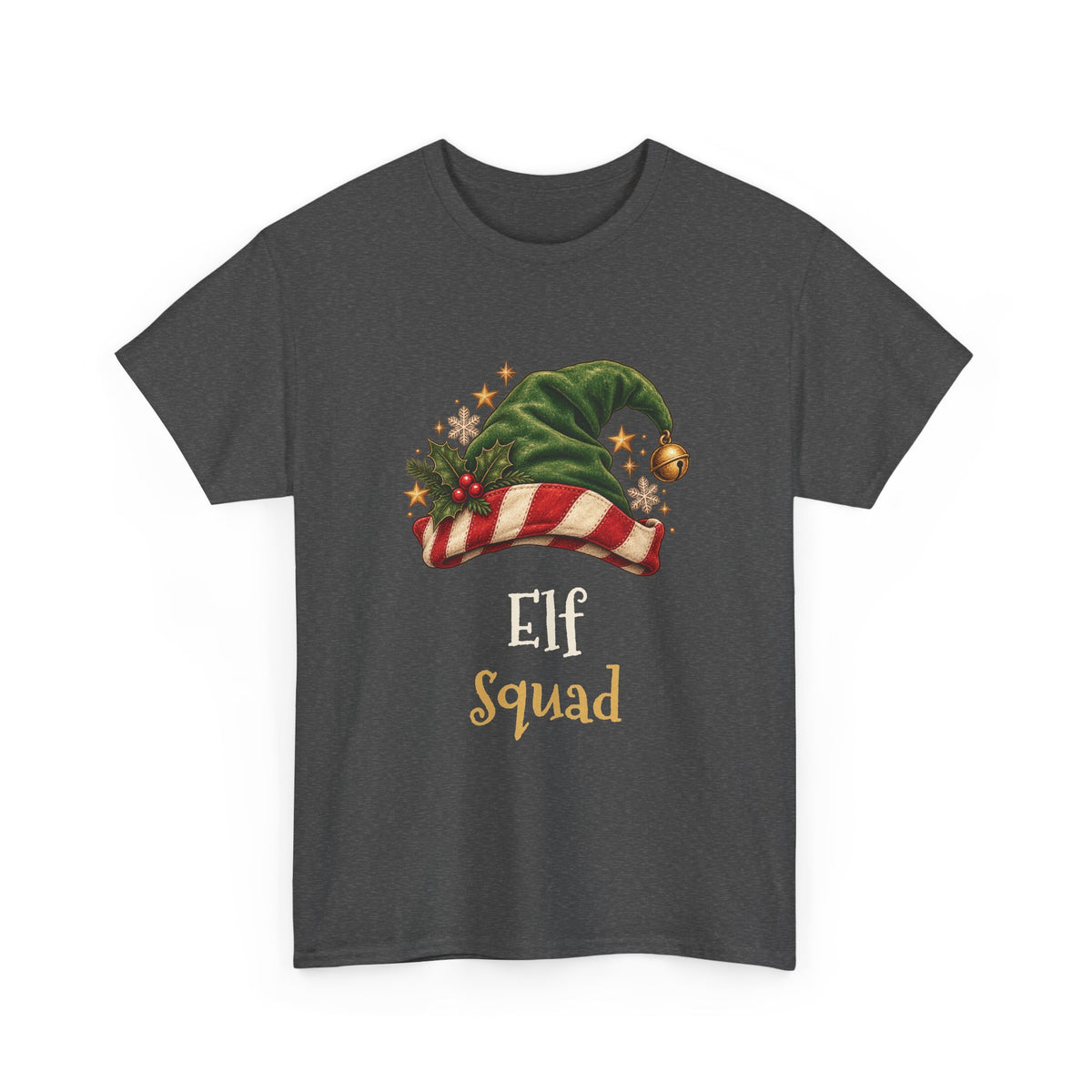 Dark Heather Elf Squad t-shirt with a green elf hat and holly, front view