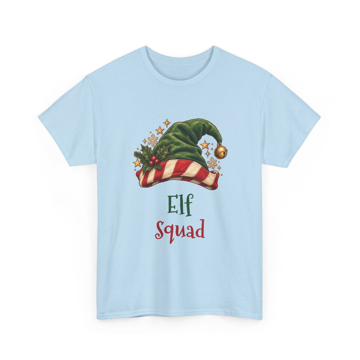 Light Blue Elf Squad t-shirt with a green elf hat and holly, front view