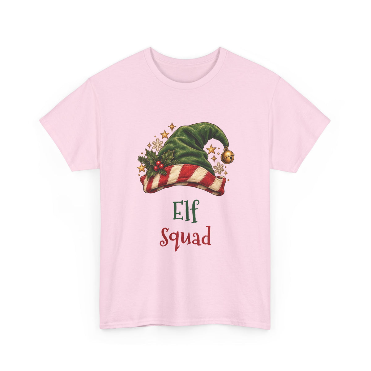 Light Pink Elf Squad t-shirt with a green elf hat and holly, front view
