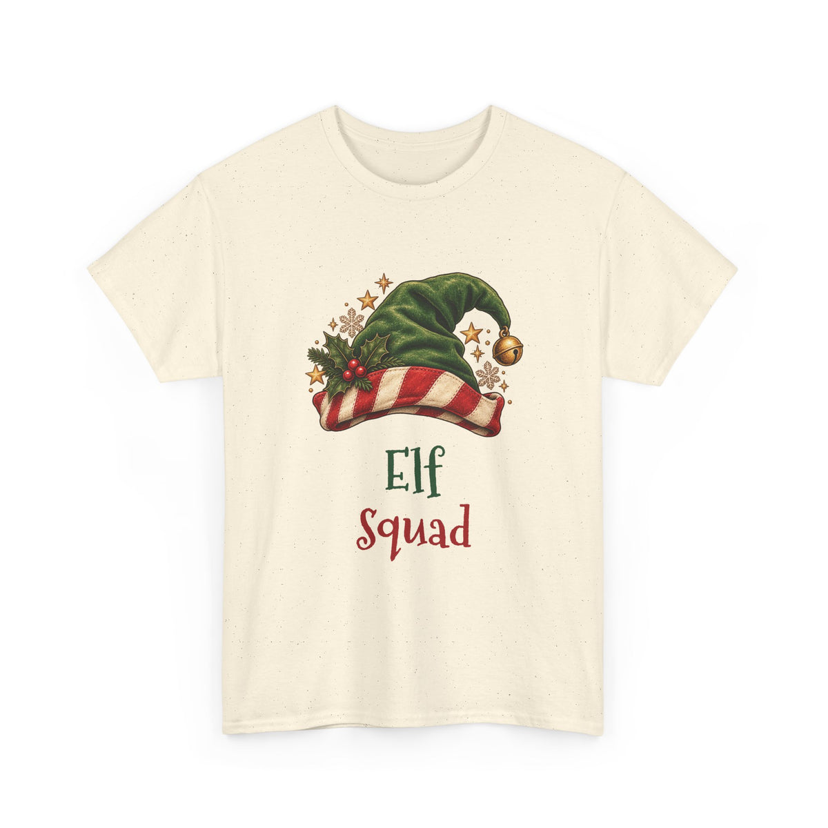 Natural Elf Squad t-shirt with a green elf hat and holly, front view