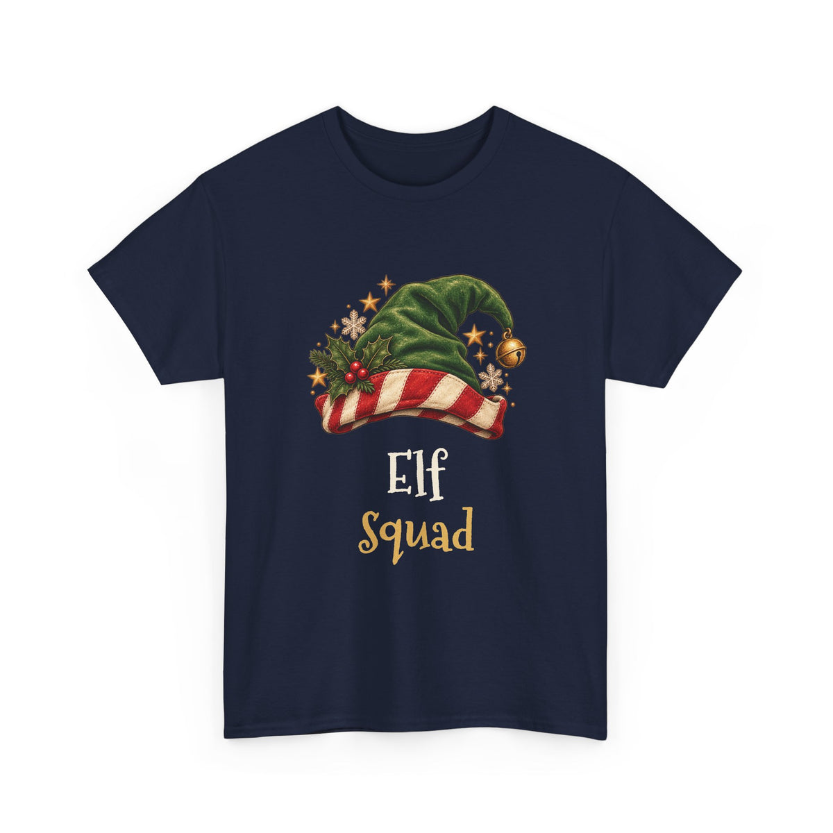 Navy Elf Squad t-shirt with a green elf hat and holly, front view