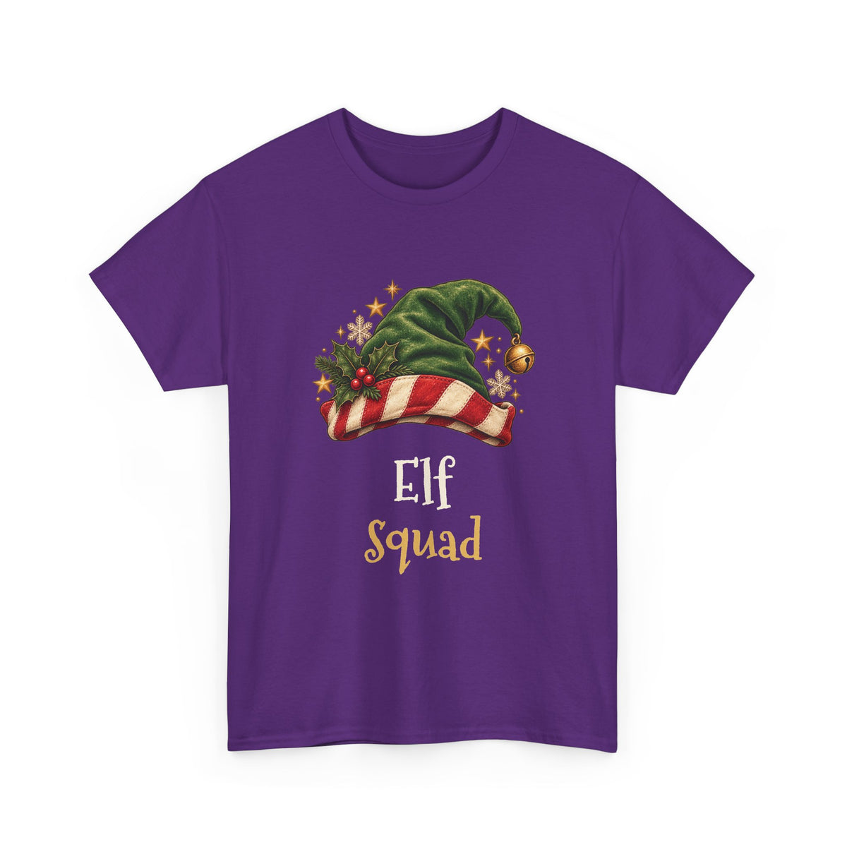 Purple Elf Squad t-shirt with a green elf hat and holly, front view