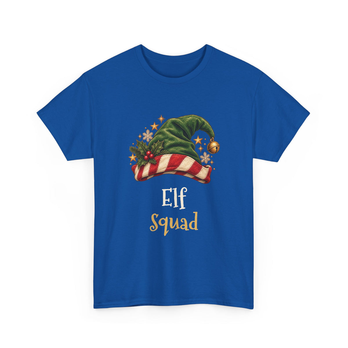 Royal Elf Squad t-shirt with a green elf hat and holly, front view
