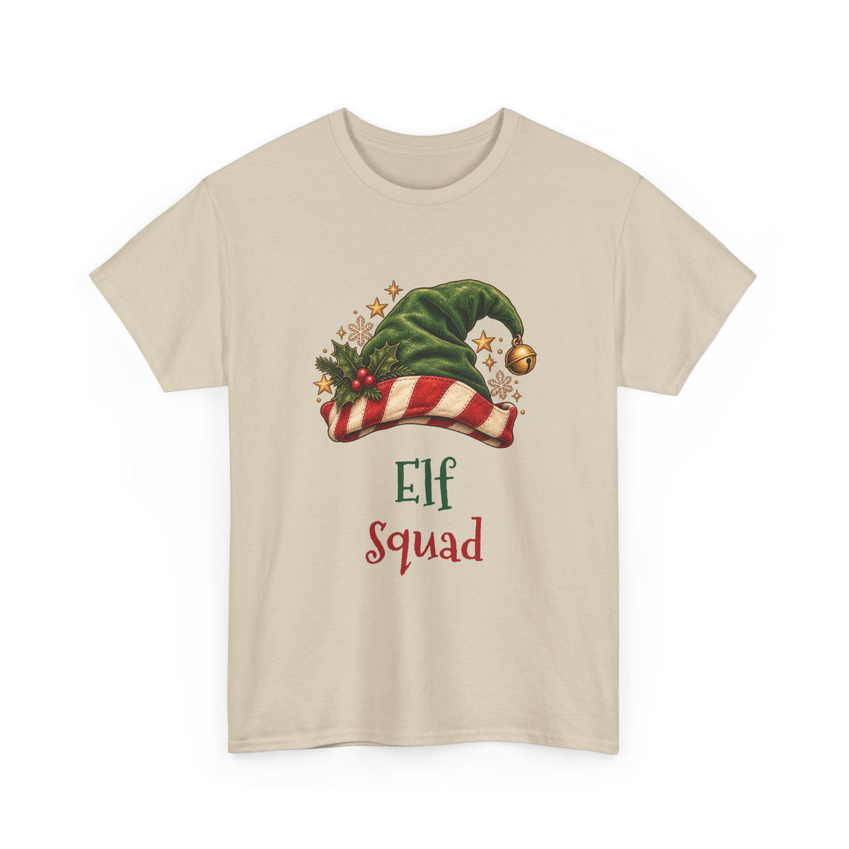 Sand Elf Squad t-shirt with a green elf hat and holly, front view