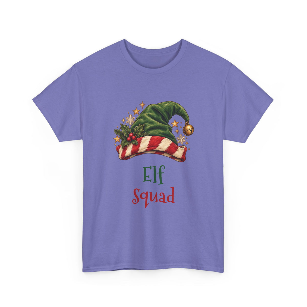 Violet Elf Squad t-shirt with a green elf hat and holly, front view