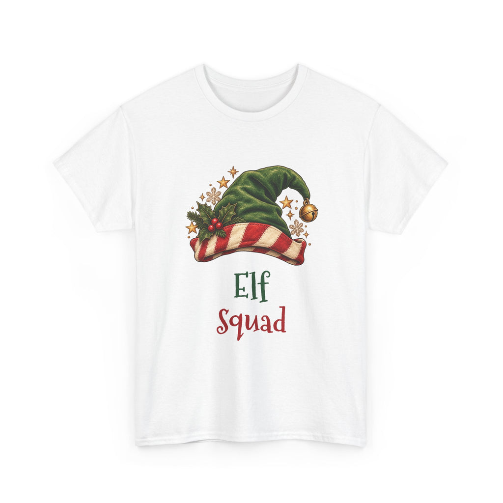 White Elf Squad t-shirt with a green elf hat and holly, front view