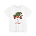 White Elf Squad t-shirt with a green elf hat and holly, front view