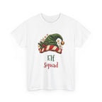 White Elf Squad t-shirt with a green elf hat and holly, front view