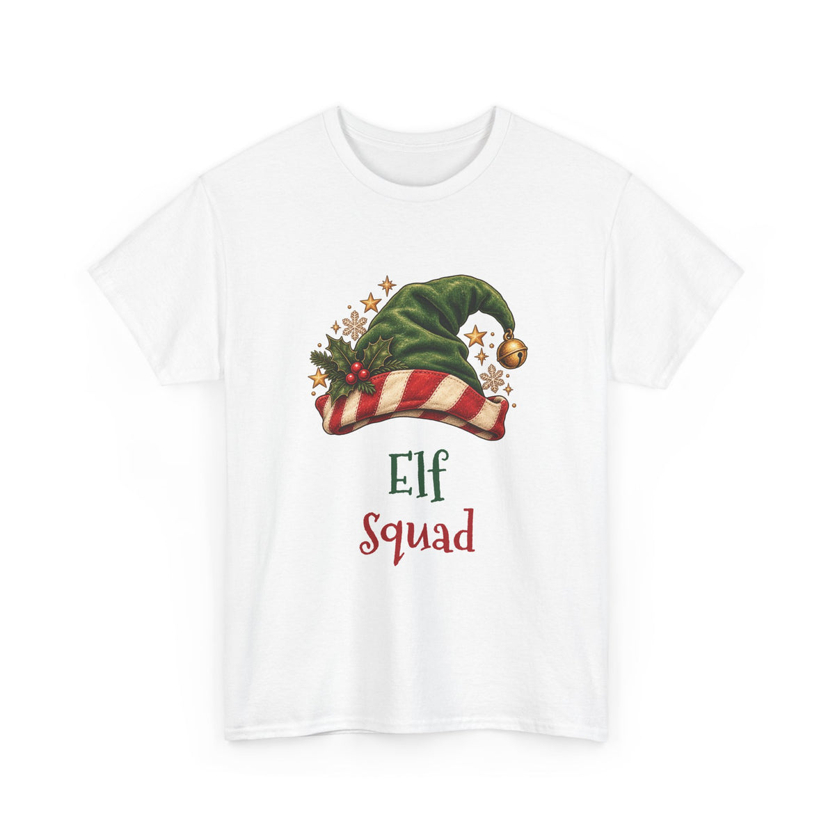 White Elf Squad t-shirt with a green elf hat and holly, front view
