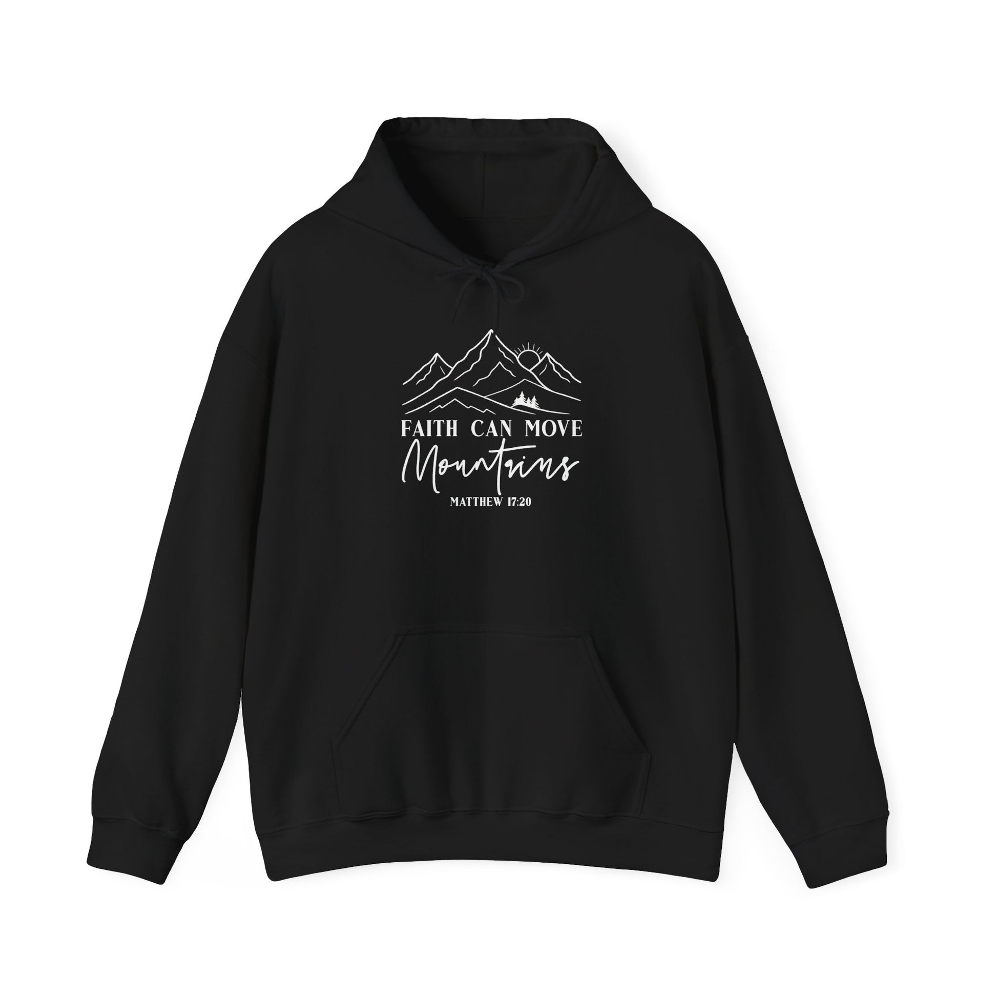 Black Faith Can Move Mountains hoodie with white mountain and sunrise line art