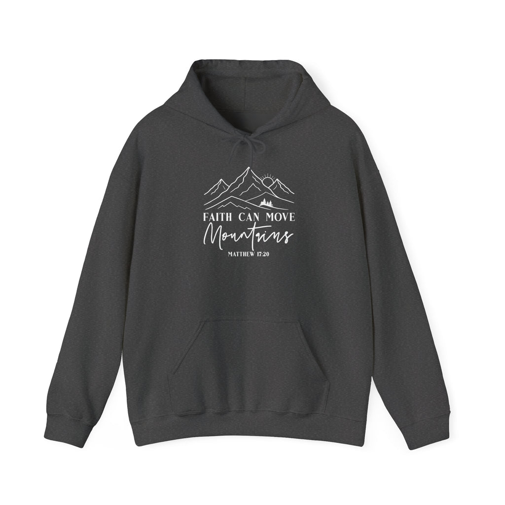 Dark heather Faith Can Move Mountains hoodie with white mountain and sunrise line art
