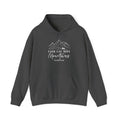 Dark heather Faith Can Move Mountains hoodie with white mountain and sunrise line art