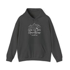 Dark heather Faith Can Move Mountains hoodie with white mountain and sunrise line art