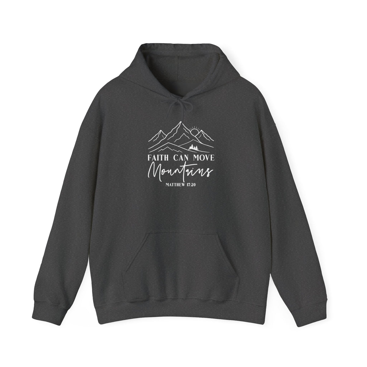 Dark heather Faith Can Move Mountains hoodie with white mountain and sunrise line art