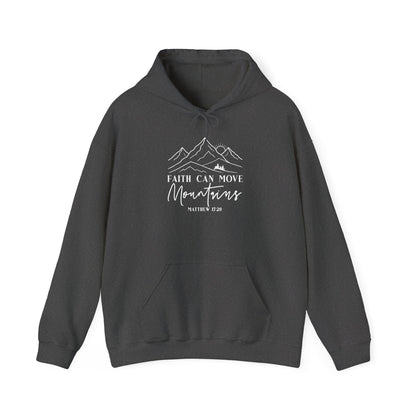 Dark heather Faith Can Move Mountains hoodie with white mountain and sunrise line art