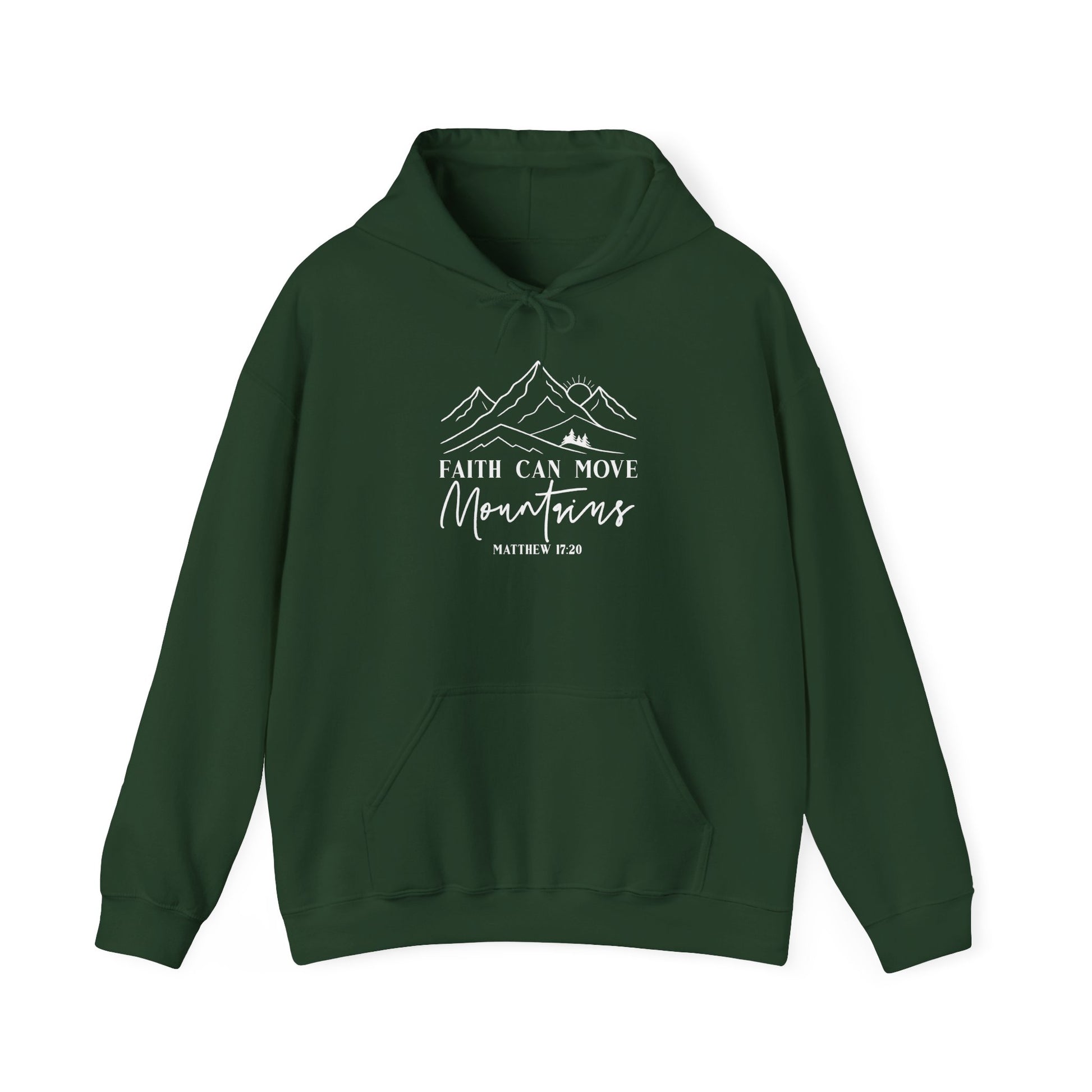 Forest green Faith Can Move Mountains hoodie with white mountain and sunrise line art