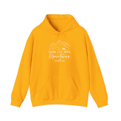 Gold Faith Can Move Mountains hoodie with white mountain and sunrise line art