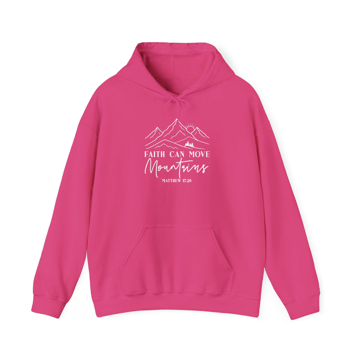 Heliconia pink Faith Can Move Mountains hoodie with white mountain and sunrise line art