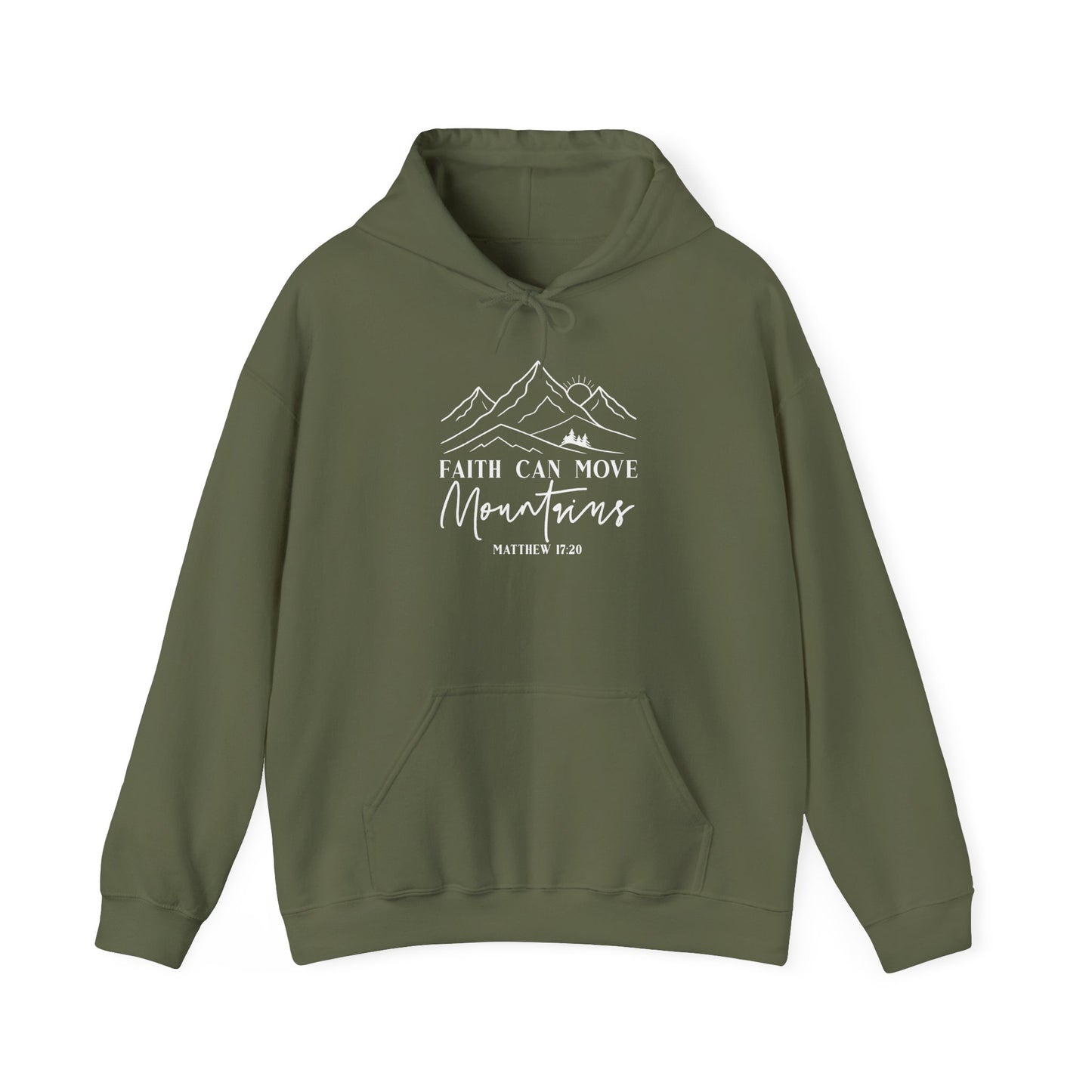 Military green Faith Can Move Mountains hoodie with white mountain and sunrise line art
