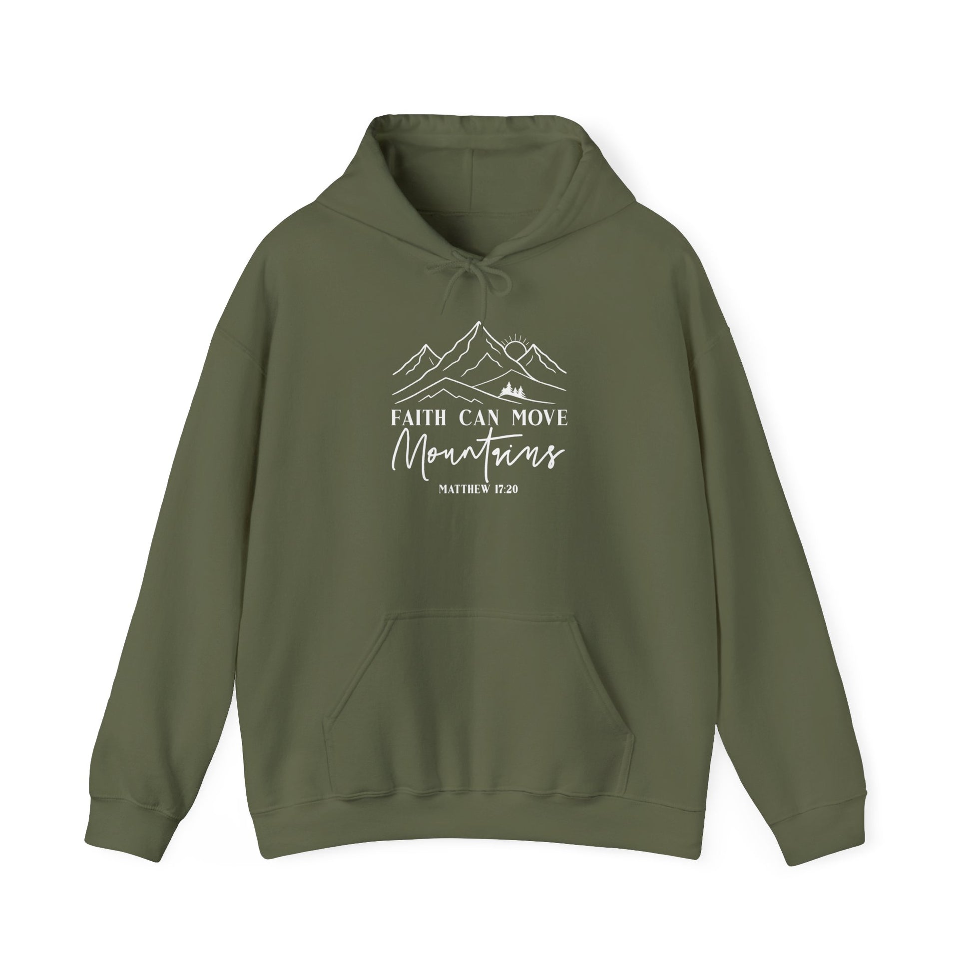 Military green Faith Can Move Mountains hoodie with white mountain and sunrise line art