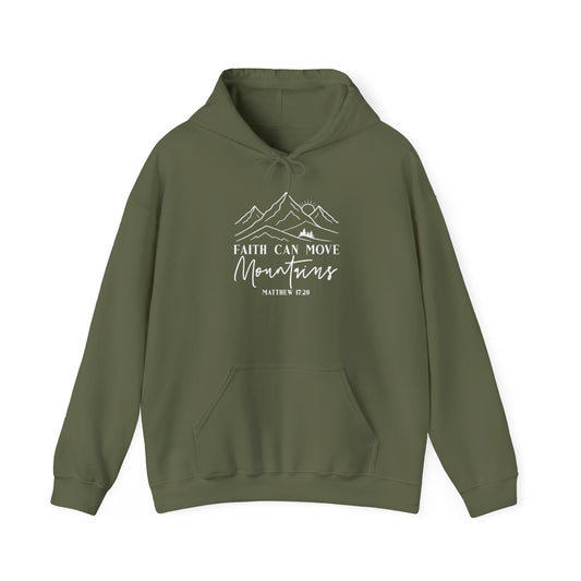 Military green Faith Can Move Mountains hoodie with white mountain and sunrise line art