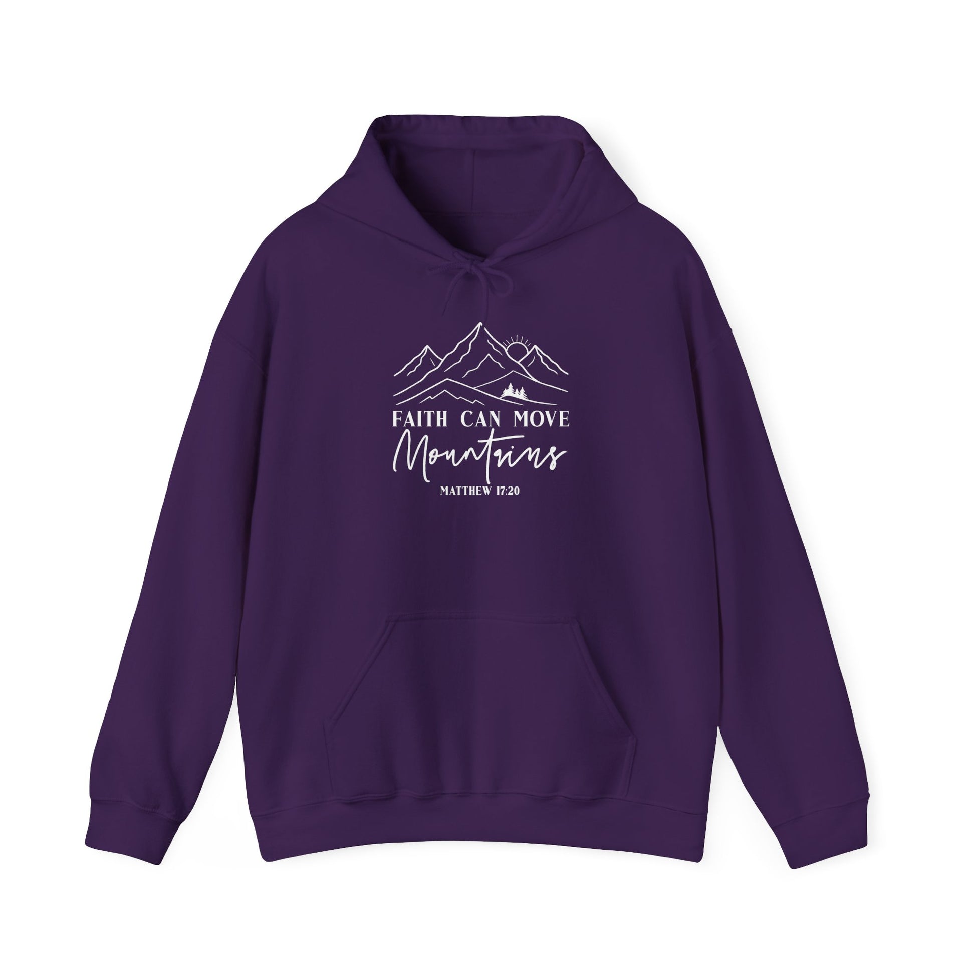 Purple Faith Can Move Mountains hoodie with white mountain and sunrise line art