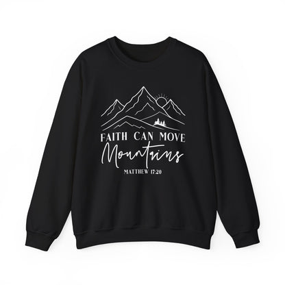 Black Faith Can Move Mountains sweatshirt with white mountain and sunrise line art