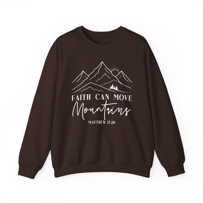 Dark chocolate Faith Can Move Mountains sweatshirt with white mountain and sunrise line art