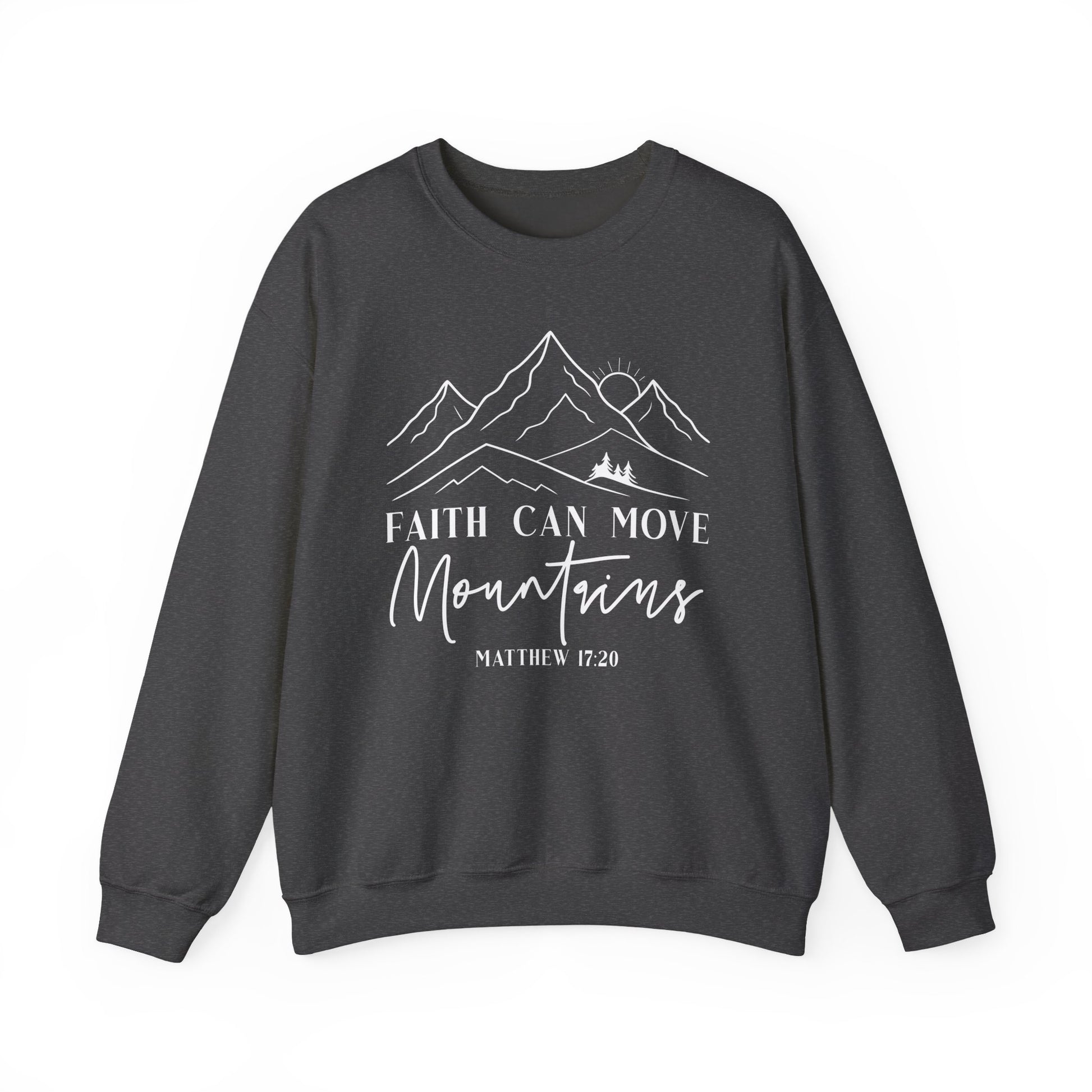 Dark heather Faith Can Move Mountains sweatshirt with white mountain and sunrise line art