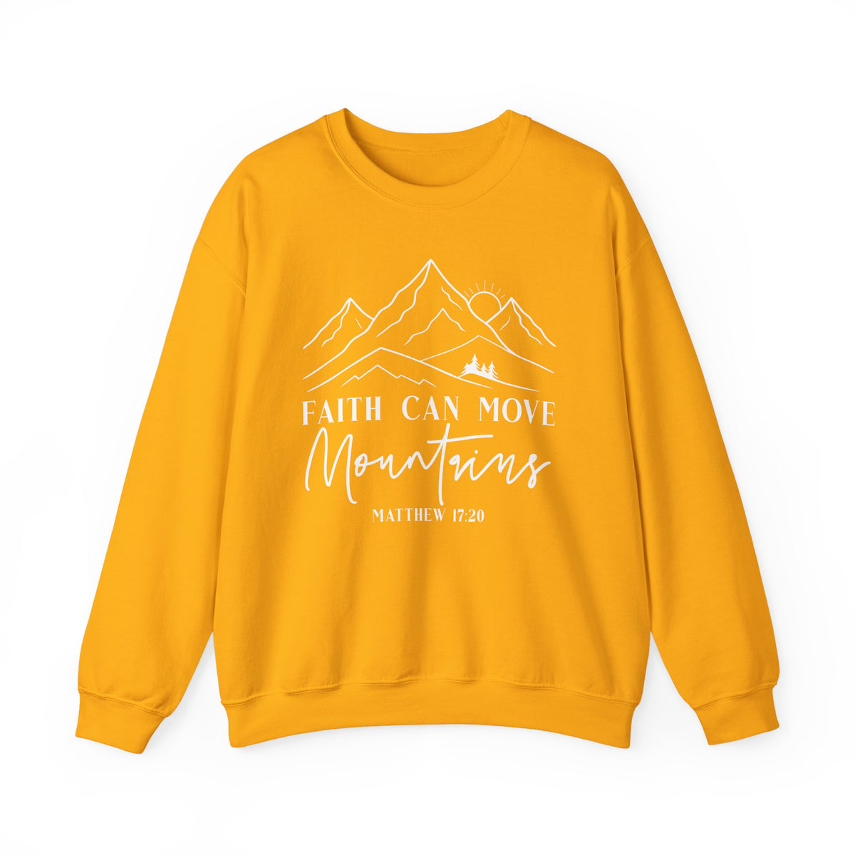 Gold Faith Can Move Mountains sweatshirt with white mountain and sunrise line art