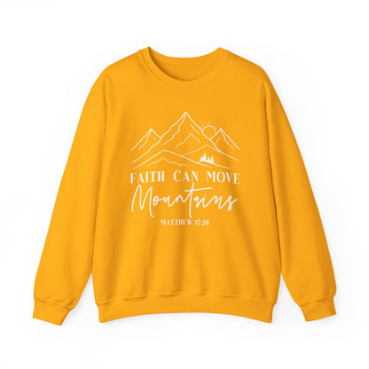 Gold Faith Can Move Mountains sweatshirt with white mountain and sunrise line art