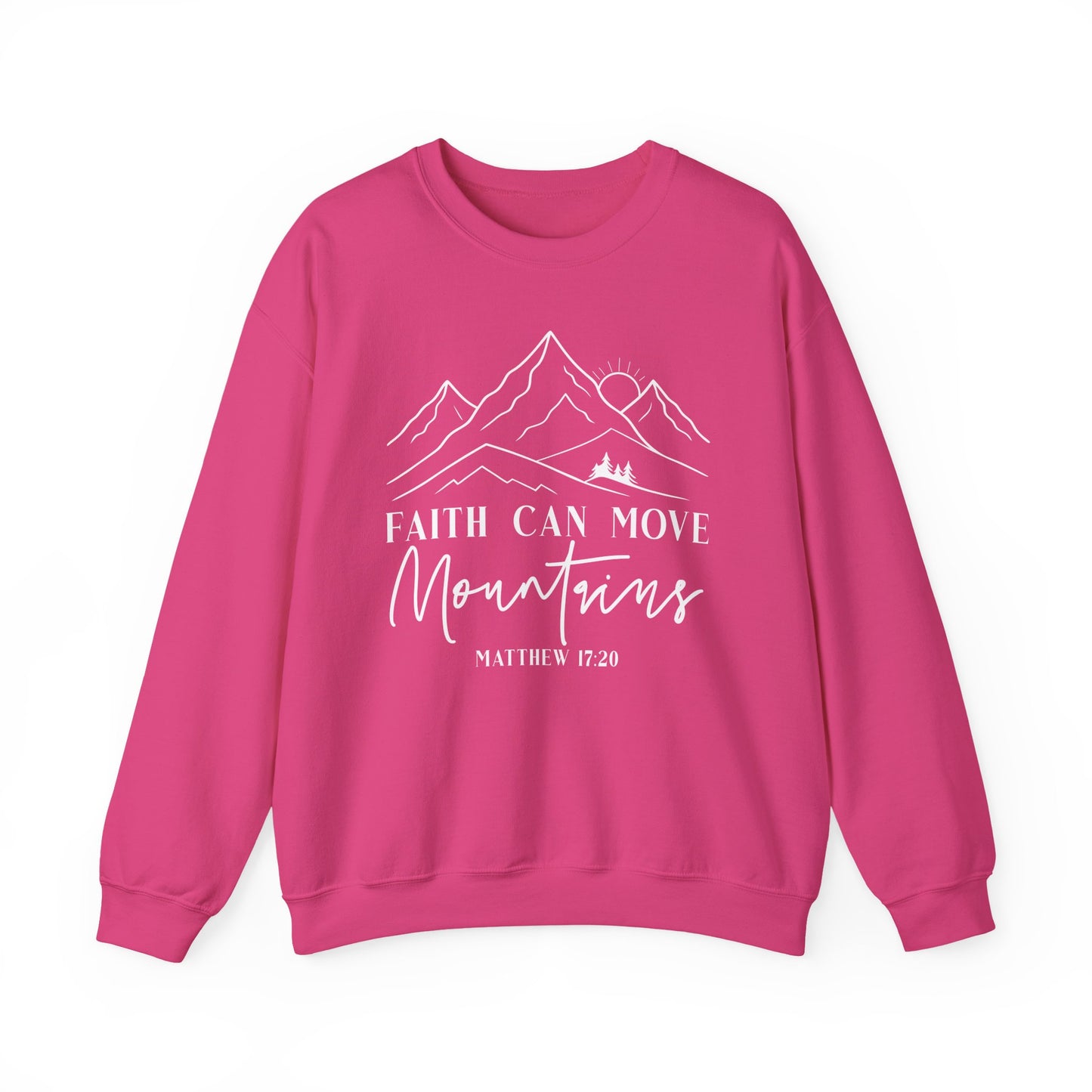 Heliconia pink Faith Can Move Mountains sweatshirt with white mountain and sunrise line art