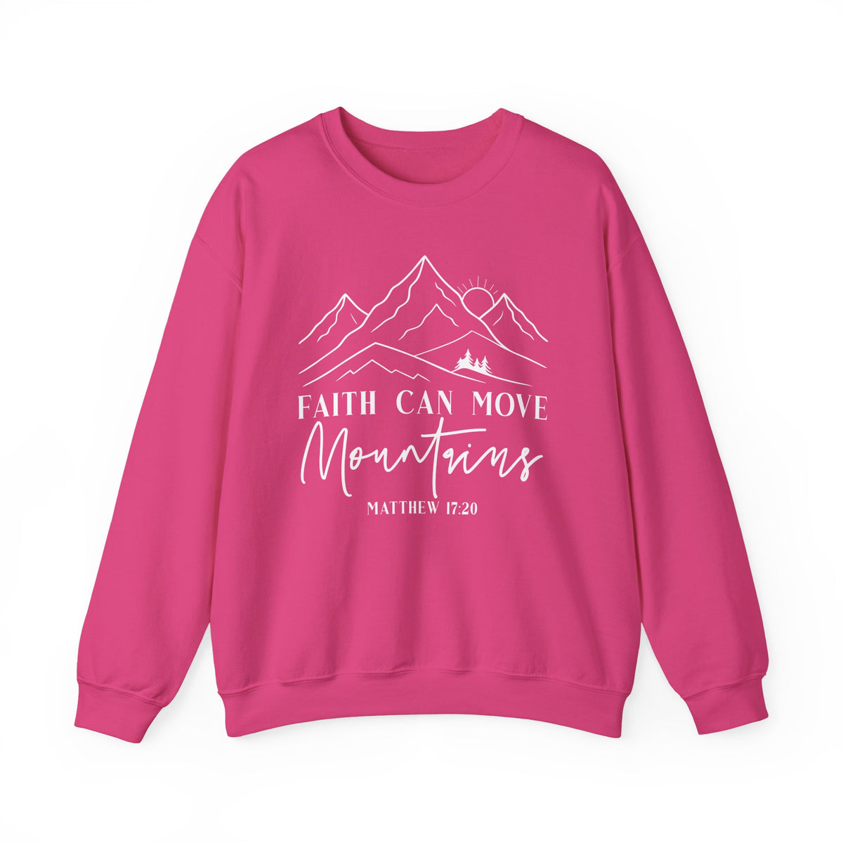 Heliconia pink Faith Can Move Mountains sweatshirt with white mountain and sunrise line art