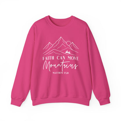 Heliconia pink Faith Can Move Mountains sweatshirt with white mountain and sunrise line art
