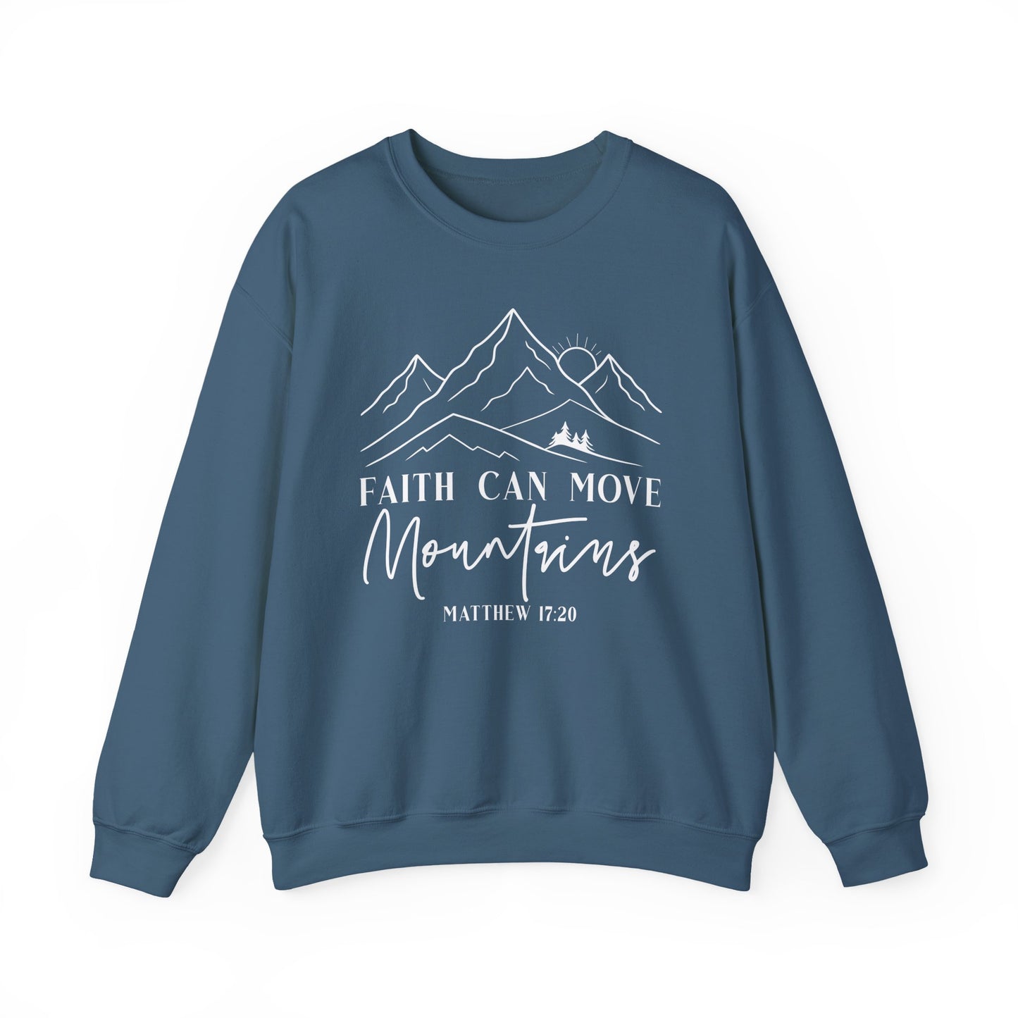 Indigo blue Faith Can Move Mountains sweatshirt with white mountain and sunrise line art