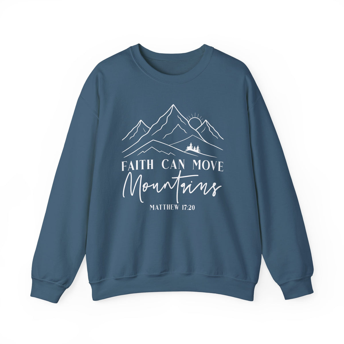 Indigo blue Faith Can Move Mountains sweatshirt with white mountain and sunrise line art