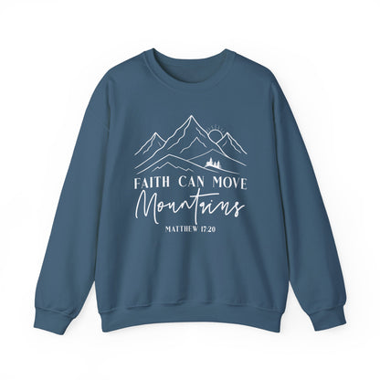 Indigo blue Faith Can Move Mountains sweatshirt with white mountain and sunrise line art
