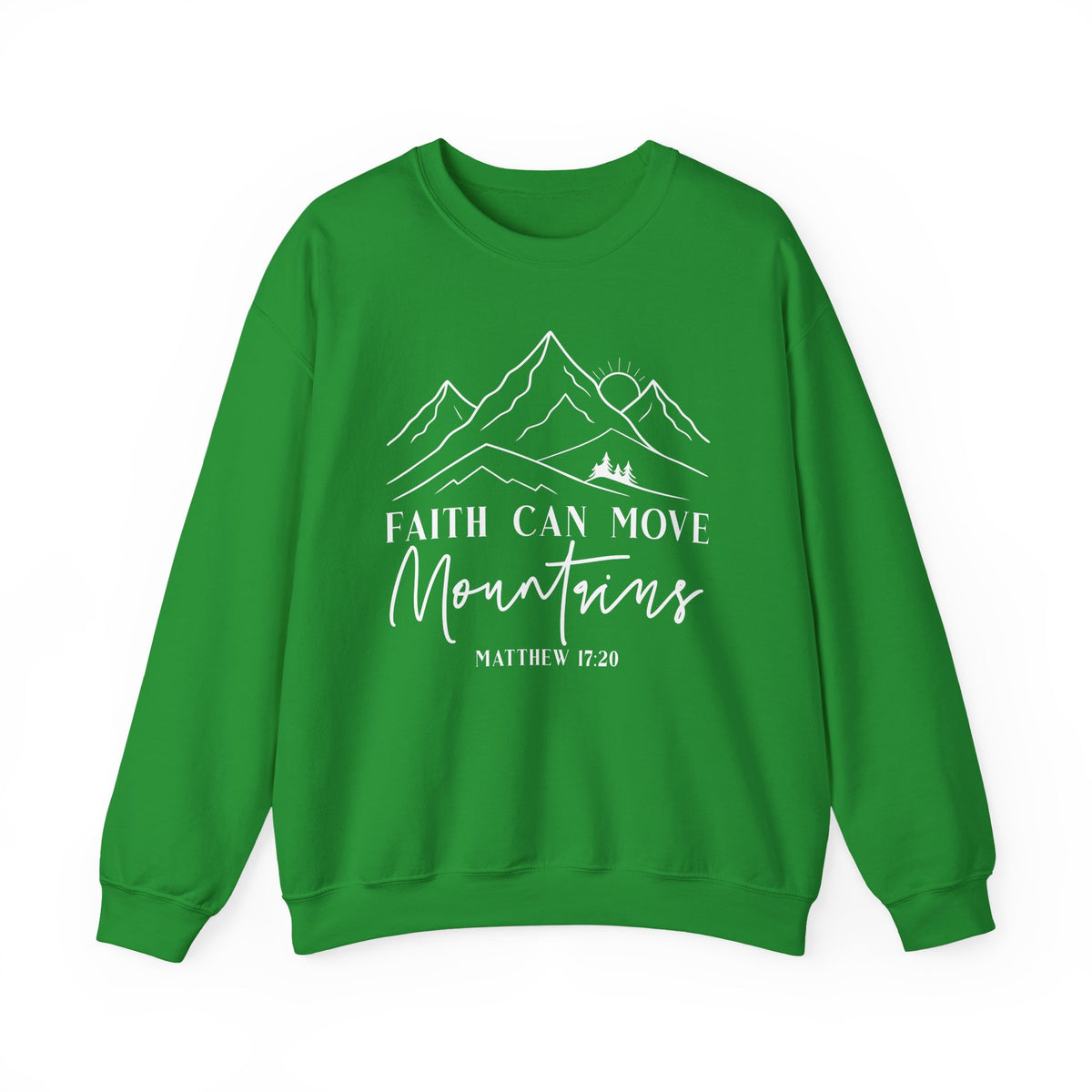 Irish green Faith Can Move Mountains sweatshirt with white mountain and sunrise line art