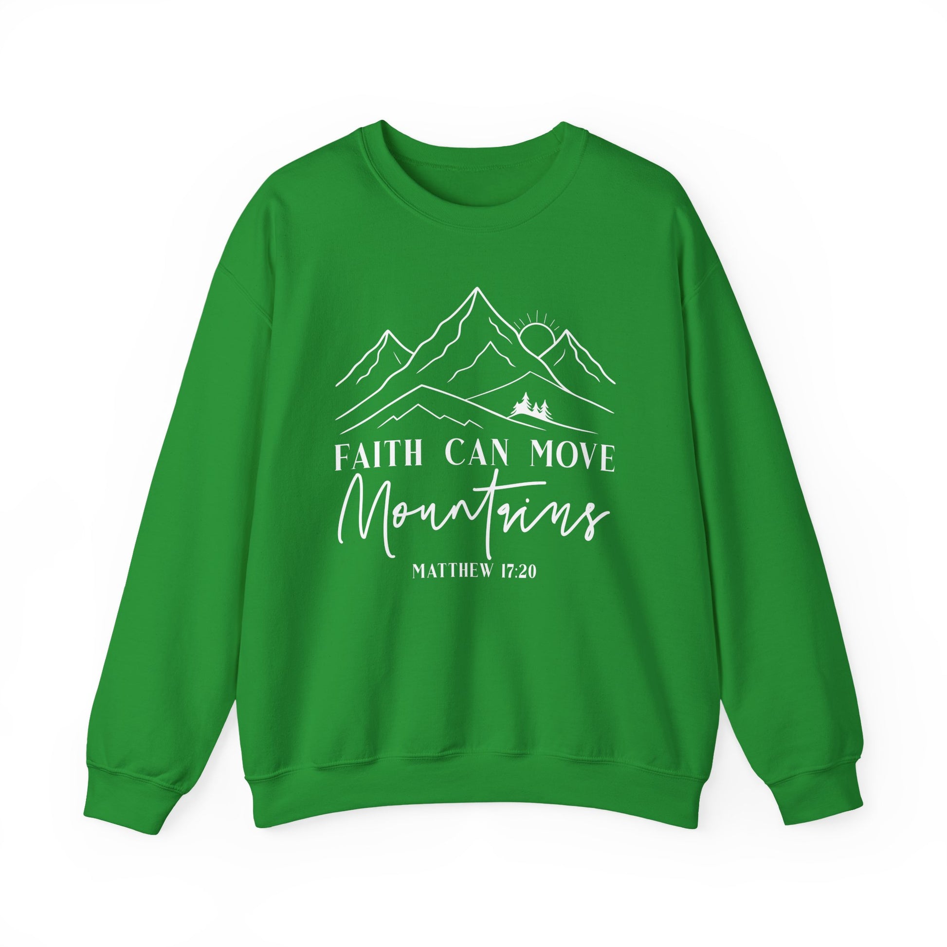 Irish green Faith Can Move Mountains sweatshirt with white mountain and sunrise line art
