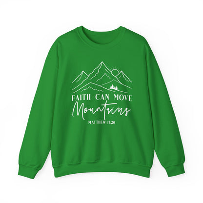Irish green Faith Can Move Mountains sweatshirt with white mountain and sunrise line art