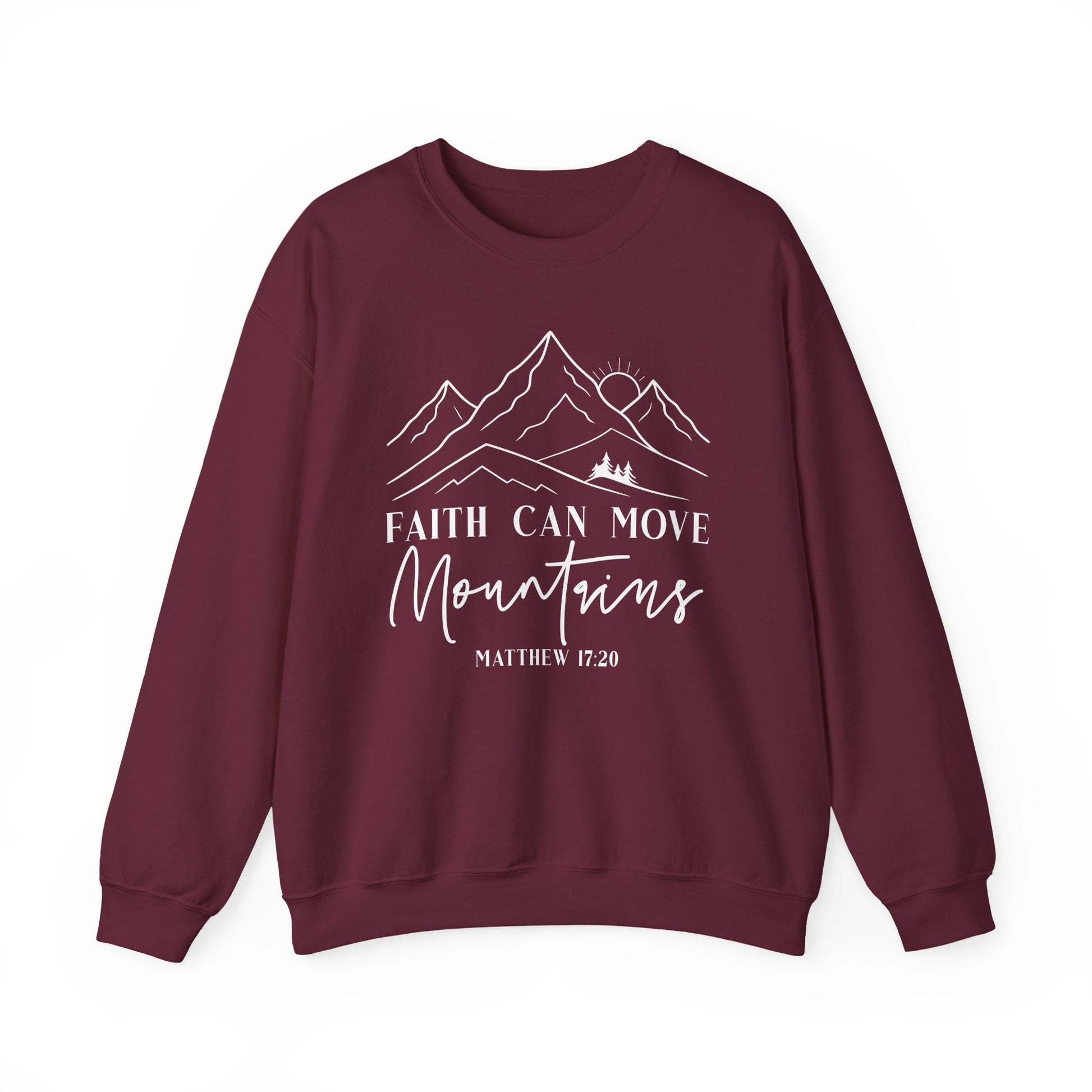 Maroon Faith Can Move Mountains sweatshirt with white mountain and sunrise line art