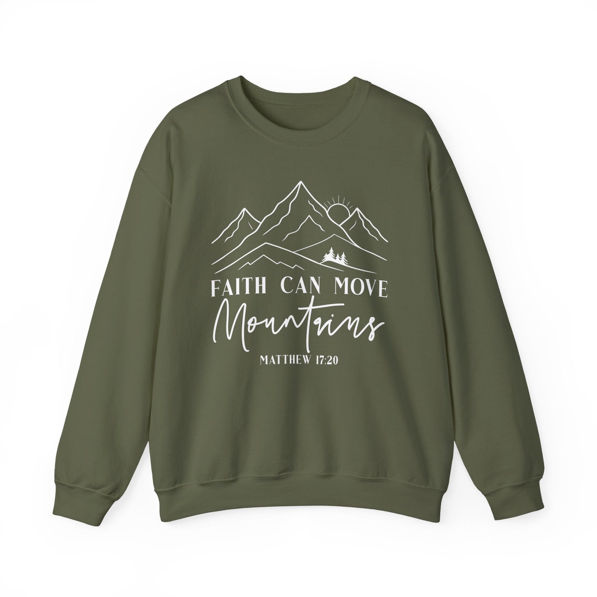 Military green Faith Can Move Mountains sweatshirt with white mountain and sunrise line art