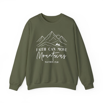 Military green Faith Can Move Mountains sweatshirt with white mountain and sunrise line art