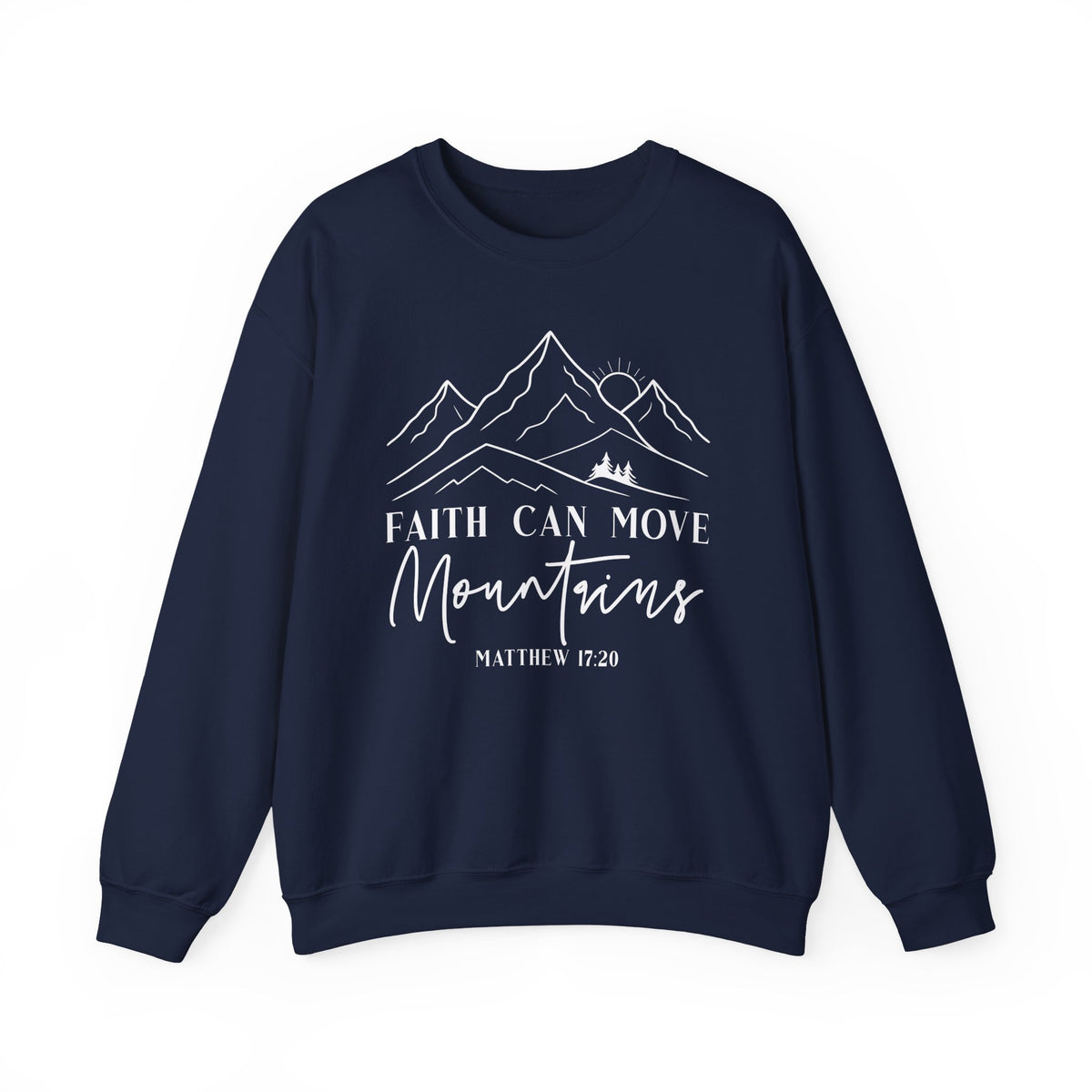 Navy Faith Can Move Mountains sweatshirt with white mountain and sunrise line art