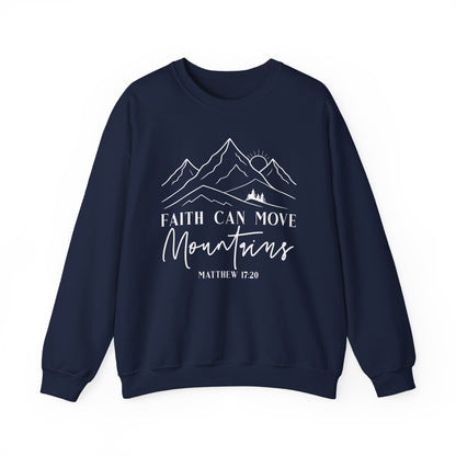 Navy Faith Can Move Mountains sweatshirt with white mountain and sunrise line art